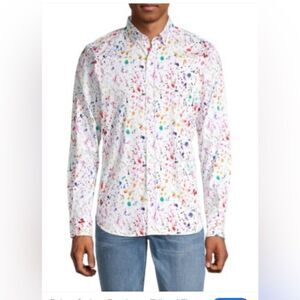 Paul Fredrick Long Sleeve Button Up Dress Shirt White splatter Size Large NWT